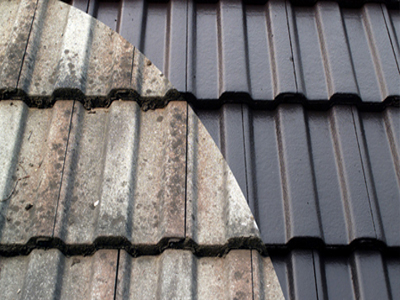 Tiled roof before and after painting.